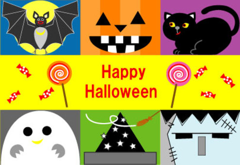 ハロウィン　 ハロウィン,かぼちゃ,こうもり,黒猫,カード,ぺろぺろキャンディー,アメ,キャンディー,お化け,魔女のイラスト素材