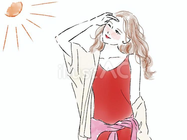 日差しが眩しくて手で遮るおしゃれ女性　夏 女性,カーディガン,太陽のイラスト素材