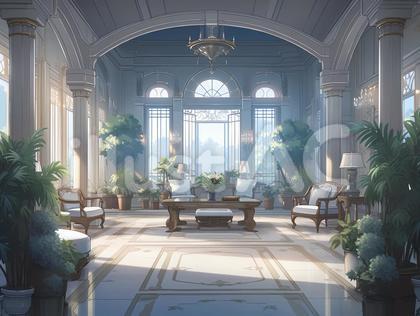白を基調としたナチュラル調の広間_背景画