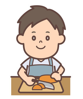 にんじんを切っている男性 料理,自炊,野菜,包丁,切る,家事,主夫,にんじん,男性,エプロンのイラスト素材
