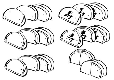 カットしたかまぼこ6種 墨筆 カットしたかまぼこ6種 墨筆 かまぼこ,紅白,お節,おせち,市松,飾り切り,食べ物,和食,正月,日本のイラスト素材