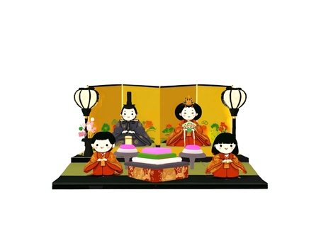 春のひな祭りでの男雛と女雛 お雛様,人形,金屏風,ぼんぼり,菱餅,春,可愛いのイラスト素材