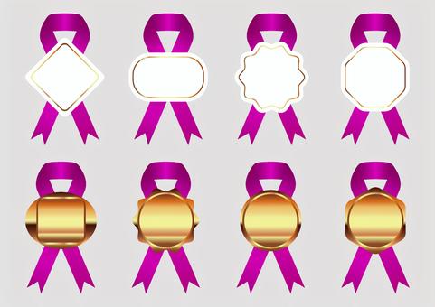 交差リボン付きのラベルとメダル　ピンク リボン,ラベル,メダル,シール,飾り,帯,ラッピング,賞,アワード,印のイラスト素材