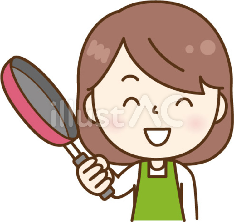 料理で笑顔エプロンの女性　緑 女性,フライパン,人物のイラスト素材