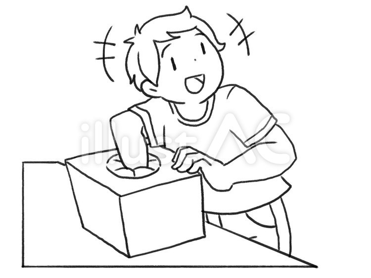 【白黒】箱の中に手を入れる人【線画】 くじ引き,箱,わくわくのイラスト素材