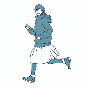 走る冬服の女性 女性,全身,走る,笑顔,タートルネック,スカート,ブーツ,カジュアル,私服,小走りのイラスト素材