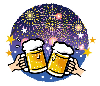 Illustration, beer, cheers, fireworks, 