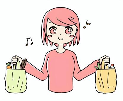 桃色の女の子が年末買い出しをしている ピンク,かわいい,手描き,買い物,年末,年末年始,買い出し,スーパー,市場,食料品のイラスト素材