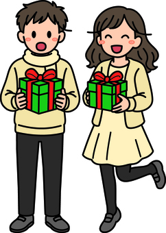 プレゼントを持つ黄色の男子女子です。 プレゼント,シンプル,貰う,渡す,ギフト,贈り物,シーン,祝う,イベント,パーティーのイラスト素材