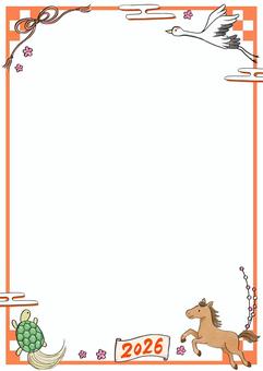 手描き絵の年賀フレーム2026A4タテ赤 お正月,年賀,フレーム,枠,背景,午,馬,2026,鶴,亀のイラスト素材