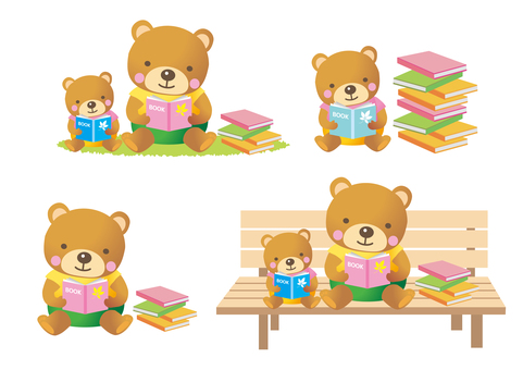読書するクマの親子セット 読書,クマ,本,図書,勉強,学習,集中,動物,親子,趣味のイラスト素材