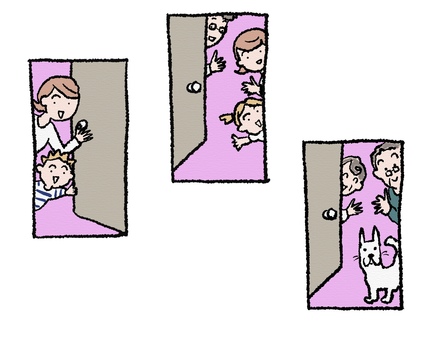 笑顔でドアを開けて出迎える家族 笑顔でドアを開けて出迎える家族 母子,親子,家族,笑顔,玄関,出迎え,日常,生活,マンガ的,コミカルのイラスト素材