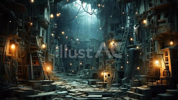 物がたくさんある洞窟 廃墟,洞窟,建物のイラスト素材