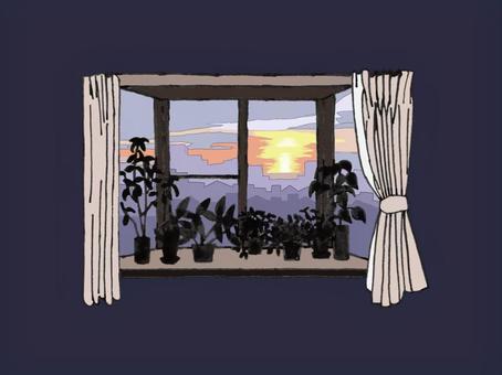窓から見える夕日 窓から見える夕日 窓,出窓,植物,夕日,カーテン,景色,夕方,夕暮れのイラスト素材