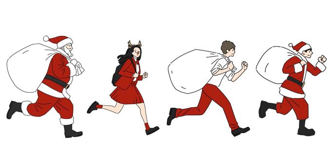 クリスマスに走る人々 クリスマス,サンタクロース,男性,女性,トナカイ,コスチューム,制服,プレゼント,走る,サンタのイラスト素材
