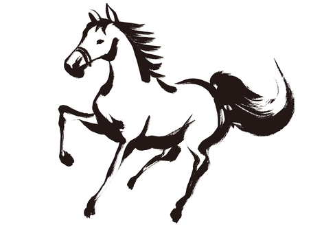 筆で描いた前脚を上げた馬　B 馬,年賀状,午,午年,年賀,ウマ,新年,筆,手書き,和風のイラスト素材