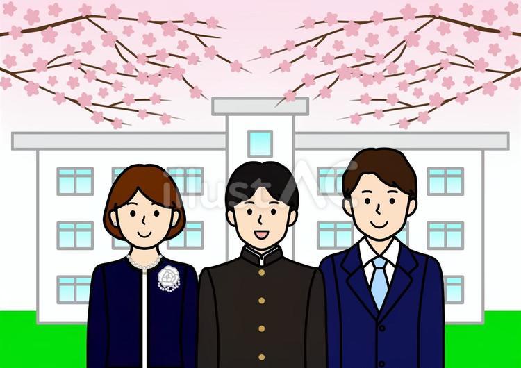 桜と学生と学校の校舎とお父さん・お母さん 卒業式,入学式,学生のイラスト素材
