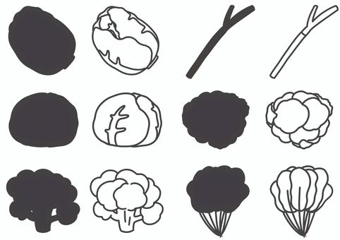 シルエットクイズ冬の野菜モノクロ シルエット,クイズ,冬,白菜,キャベツ,ブロッコリー,ネギ,カリフラワー,ほうれん草,挿絵のイラスト素材