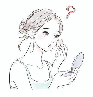 ファンデーションを塗って疑問を持つ女性 人物,女性,美容,スキンケア,肌,ケア,保湿,保水,潤い,きれいのイラスト素材