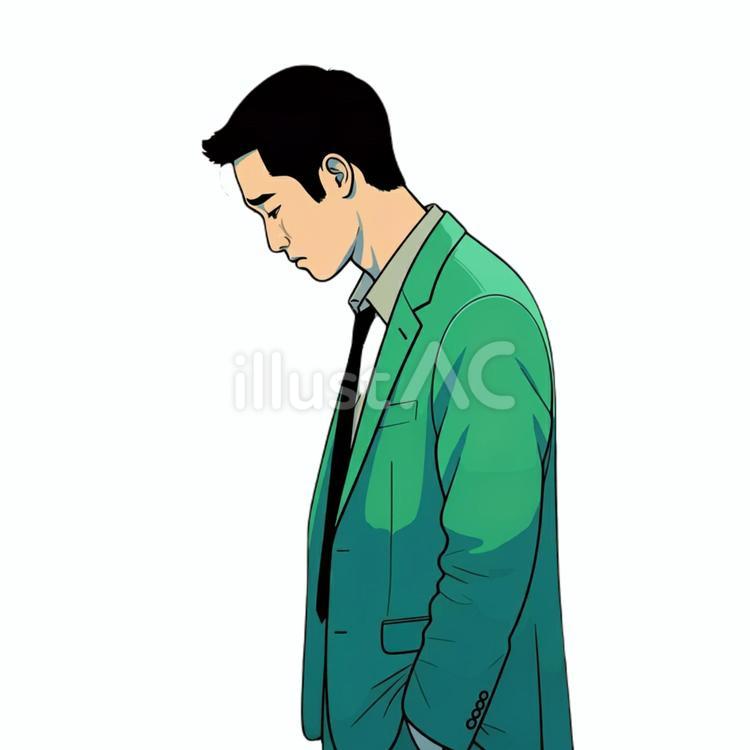 落ち込む男性 スーツ,うつむく,黒髪のイラスト素材