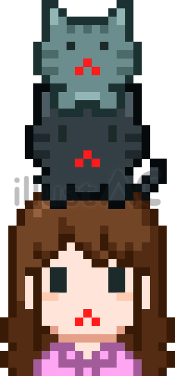ドット絵の頭の上に乗る猫と子猫です。 ドット絵,猫,シンプルのイラスト素材