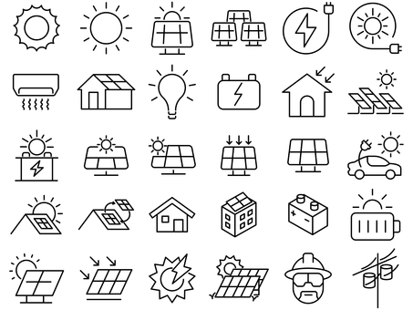 太陽光パネルに関するアイコン集 アイコン,太陽光,パネル,ソーラー,発電,エアコン,充電,エネルギー,車,バッテリーのイラスト素材