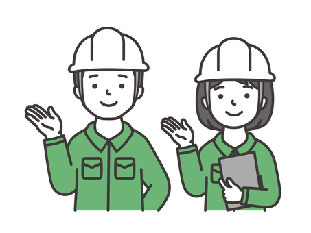 案内する作業員 案内,受付,窓口,工場,こちら,あちら,どうぞ,誘導,ようこそ,いらっしゃいませのイラスト素材