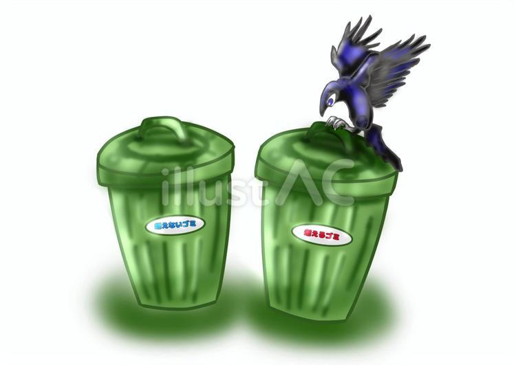 ゴミ捨て場とカラス ゴミ捨て場,ゴミ捨て,ポリバケツのイラスト素材