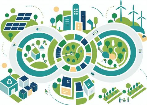 循環型エコ都市人配置 サステナブル,sdgs,エコ,環境,脱炭素,都市,街,街並み,地図,マップのイラスト素材