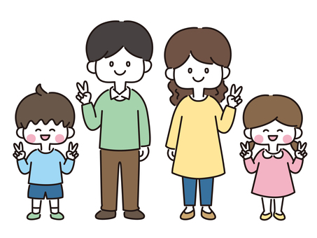 ピースをする4人家族_全身（カラー）  家族,親子,ピース,全身,お父さん,お母さん,子ども,両親,夫,妻のイラスト素材