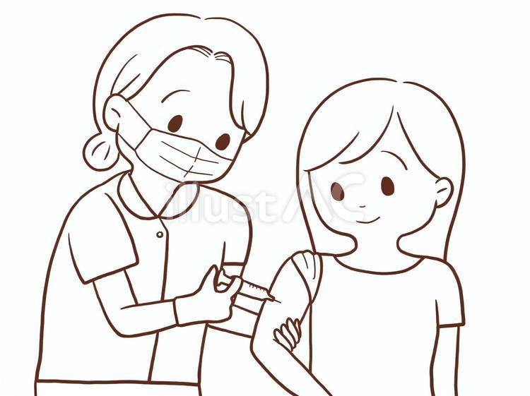 注射を受ける女性(マスクあり色なし) 女性,看護師,医療のイラスト素材