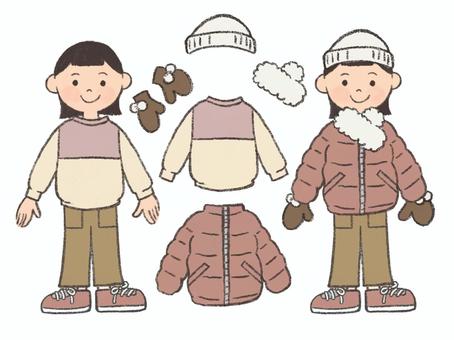寒い日の女の子（ナチュラルカラー） 女の子,子ども,冬,防寒,ジャンパー,ダウンジャケット,マフラー,小学生,幼稚園のイラスト素材