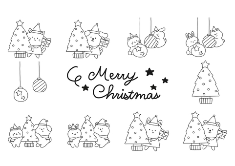 クリスマスセット クリスマス,ツリー,プレゼント,猫,犬,くま,うさぎ,オーナメント,サンタ,帽子のイラスト素材
