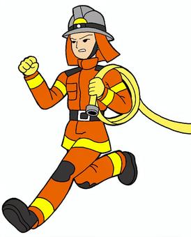 走る　男性　消防士　イラスト 走る,男性,消防士,オレンジ色,防火服,背景,色なしのイラスト素材