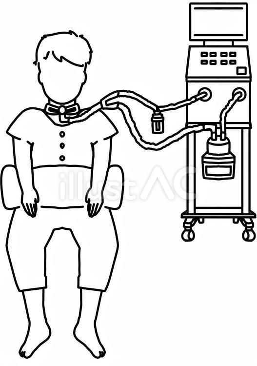 気切部に人工呼吸器つけた男児　線画 気管切開,人工呼吸器,男児のイラスト素材
