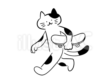 スケボーを脇に抱える猫(モノクロ)