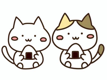 遠足で楽しくおにぎりを食べるかわいい猫達 おにぎり,のり,塩,三角,遠足,ピクニック,お弁当,食べる,両手,持つのイラスト素材