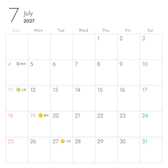 2027年7月　カレンダー　正方形 2027年,7月,カレンダー,正方形,月齢,満月,新月,上弦,下弦,日にちのイラスト素材