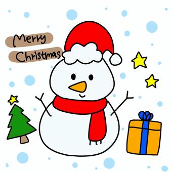 クリスマス 帽子をかぶった雪だるま クリスマス,雪だるま,帽子,マフラー,星,冬,クリスマスツリー,クリスマスプレゼント,文字入り,手書きのイラスト素材