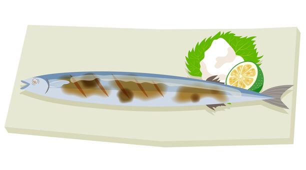 さんまの塩焼き 秋刀魚,塩焼き,焼き魚,和食,魚,魚介類,料理,紫蘇,青じそ,スダチのイラスト素材