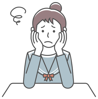 頬杖をついて悩む若い女子学生 イラスト 頬杖,女性,考える,女子高生,悩む,学生,上半身,人物,日本人,困るのイラスト素材