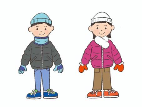 寒い日の子ども 子ども,冬,防寒,ダウンジャケット,ジャンパー,小学生,幼稚園,男の子,女の子のイラスト素材