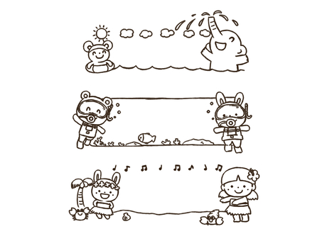 夏のフレームセット(太線) フレーム,飾り枠,ネズミ,浮き輪,海,ゾウ,海水浴,雲,太陽,スキューバダイビングのイラスト素材