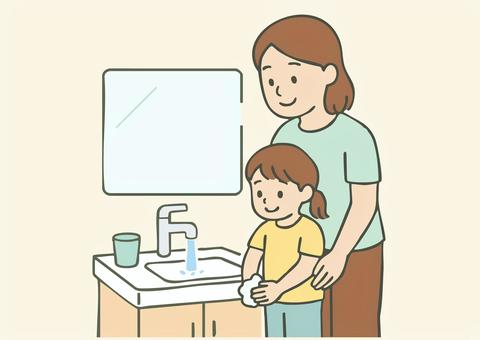 母親と子の手を洗う衛生習慣 親,子ども,女性,ママ,母親,親子,手洗い,洗面所,清潔,習慣のイラスト素材