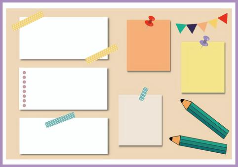 メモフレーム メモフレーム 画鋲,フレーム,メモ,ガーランド,鉛筆,筆記用具,コルクボード,マスキングテープ,押しピン,ラベルのイラスト素材