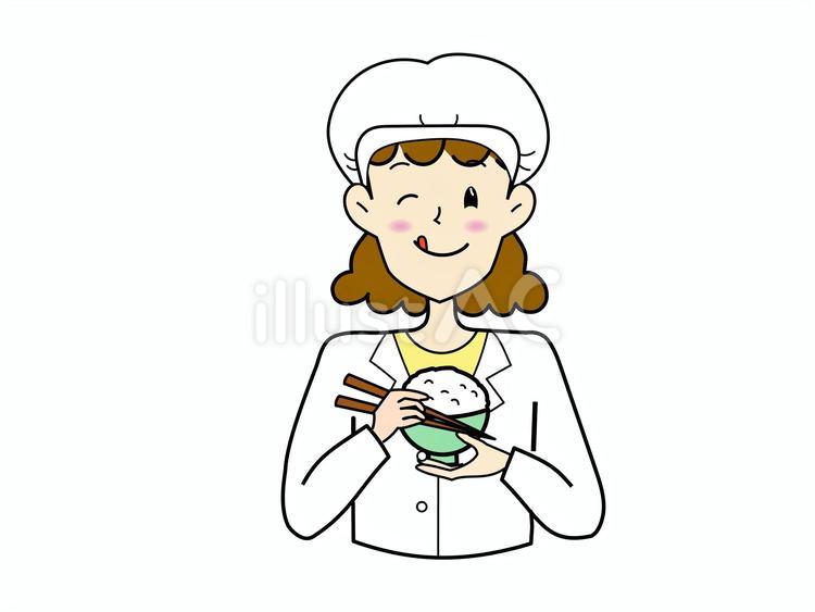 給食着を着てご飯を持つ女性 ご飯,お米,白米のイラスト素材