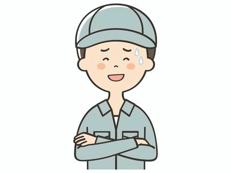 苦笑いする男性作業員 苦笑いする男性作業員 苦笑い,愛想笑い,お世辞,作り笑い,困る,誤魔化す,気まずい,苦笑,汗,男性のイラスト素材