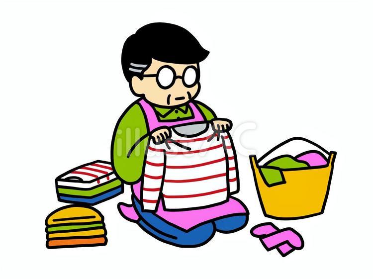 黙々と洗濯物をたたむ中年の男性 洗濯物,たたむ,黙々のイラスト素材
