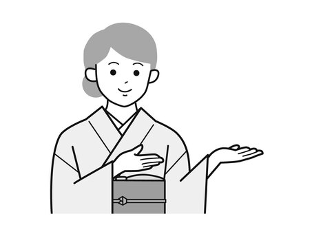 両手でどうぞとする着物女性A／白黒 両手,どうぞ,お勧め,女性,お母さん,着物,講師,20代,30代,40代のイラスト素材