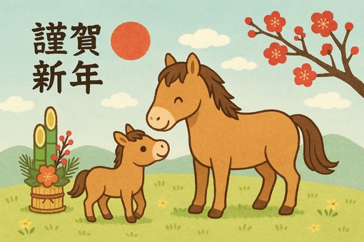 お正月　馬の親子 午,馬,正月,祝う,行事,元日,元旦,新年,年賀状,謹賀新年のイラスト素材
